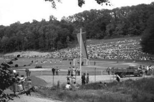 Müllheim: Stadion vom Wald aus gesehen; mit Fahne