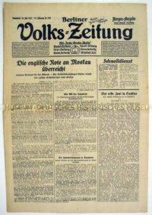 Berliner Volks-Zeitung u.a. zum Abbruch der diplomatischen Beziehungen zwischen Großbritannien und der UdSSR