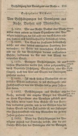 Sechzehnter Abschnitt. Von Beschädigungen des Vermögens aus Rache, Bosheit und Muthwillen