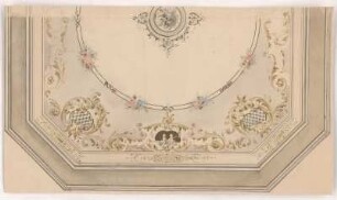 Dresden, Rittergut Altfranken, Deckengestaltung, Entwurf : Dresden, Rittergut Altfranken, Entwurf zur Gestaltung einer Decke, unbekannter Zeichner, 2. Hälfte 19. Jh. Feder, Graphit, Pinsel in Wasserfarbe/Papier. 21,7 x 37,7 cm.