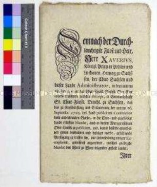 Patent von Hieronymus Friedrich von Stammer Landvogt der Oberlausitz zur Publkation des Mandats von Franz Xaver Prinz von Sachsen gegen die Unterschlagung von Steuereinnahmen