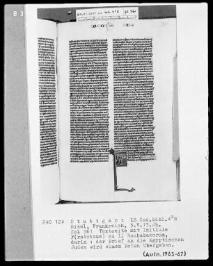 Lateinische Taschenbibel — Initiale F (ratribus), darin Briefübergabe, Folio 361recto