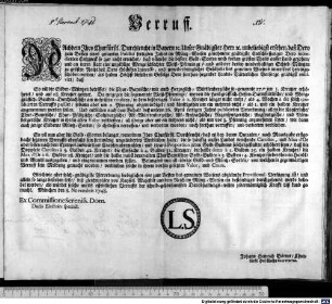 Verruff. : München den 8. Novembris 1748. Ex Commissione Sereniss. Dom. Ducis Electoris speciali. Johann Heinrich Börner, Churfürstl. Hof-Raths Secretarius.