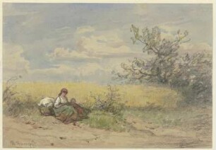 Bäuerin mit Kind vor einem reifen Kornfeld ruhend