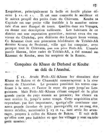 § 18. Conquêtes du Khann de Derbend et Kouba en delà de l'Atatchai