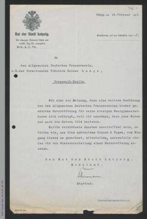 Brief des Rathes der Stadt Leipzig an den ADF, z.H. Helene Lange