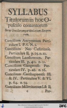 Syllabus Titulorum in hoc Opusculo contentorum.