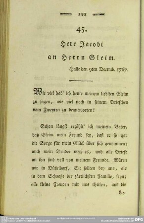 45. Herr Jacobi an Herrn Gleim. Halle den 9ten Decemb. 1767