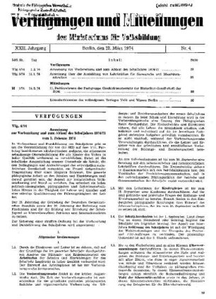 Anweisung zur Vorbereitung und zum Ablauf des Schuljahres 1974/75 : 4/74 vom 5. Februar 1974 ; [Verfügungen]
