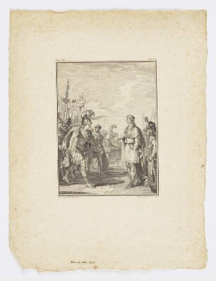 Soldat in klassischer Rüstung verneigt sich vor einem König, aus: Jean-Jacques Rousseau, "Œuvres complètes", Band VIII, 1774–1783