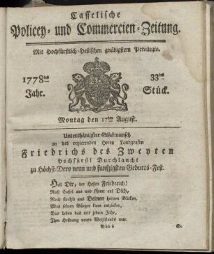 33tes Stueck, Montag den 17ten August. 1778