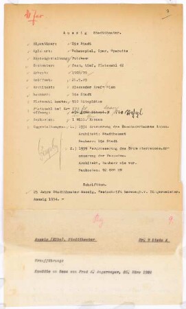 Stadttheater, Aussig: Schriftstück zum Fragebogen für das Handbuch »Das Deutsche Theater«