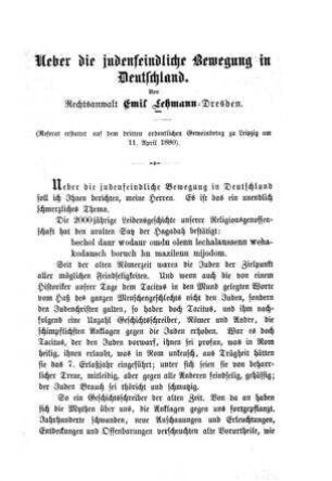 Ueber die judenfeindliche Bewegung in Deutschland : (Referat ...) / von Emil Lehmann