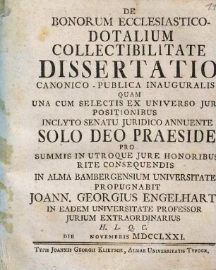 De bonorum ecclesiastico-dotalium collectibilitate dissertatio canonico-publica inauguralis