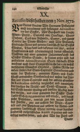 XX. Recessus dieserhalben vom 3 Nov. 1572.