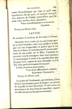 [Lettres]. Lettre De madame la duchesse de Lorraine à Catinat.