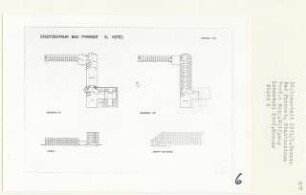 Stadtzentrum, Bad Pyrmont (Diplomarbeit bei Willy Kreuer): Hotel, Grundrisse Erdgeschoss, 1. Obergeschoss, Ansicht von Osten und Schnitt 1:500