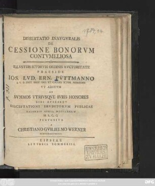 Dissertatio Inavgvralis De Cessione Bonorvm Contvmeliosa