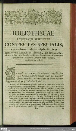 Bibliothecae Latinitatis Restitutae Conspectus Specialis