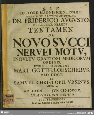 Rectore Magnificentissimo ... Dn. Friderico Augusto ... Tentamen De Novo Succi Nervei Motu