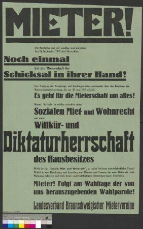 Plakat des Landesverbandes Braunschweigischer Mietervereine mit Wahlempfehlungen zur Landtagswahl und Reichstagswahl am 14. September 1930