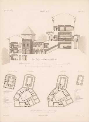 Burg Goyen (Gayen), Schenna: Grundrisse, Schnitt (aus: Architektonisches Skizzenbuch, H. 151/4, 1878)