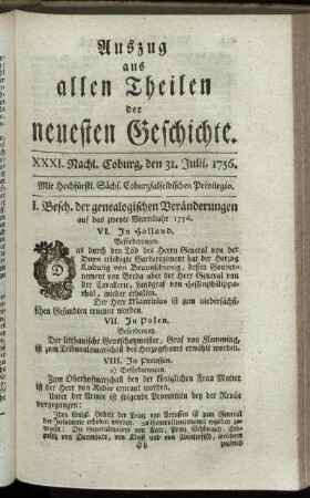 XXXI. Nachl. Coburg, den 31. Julii, 1756.