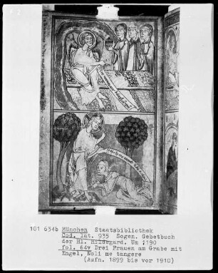 Sogenanntes Gebetbuch der heiligen Hildegard — Bildseite mit zwei halbseitigen Miniaturen, Folio 64verso