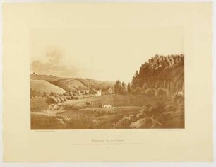 Das Dorf Potschappel (Freital) am Ausgang des Plauenschen Grundes, beim Weinbergschlösschen "Juchhee", aus der Mappe: Dresdens Umgebung in Landschaftsbildern, Anfang 19. Jahrhundert
