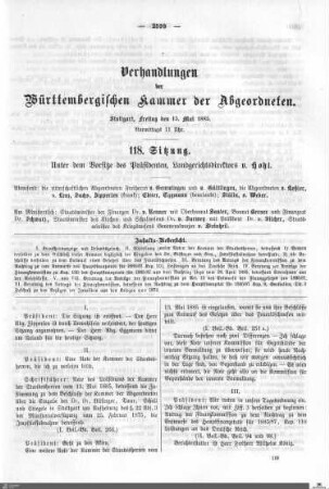 118. Sitzung, Stuttgart, 15.5.1885