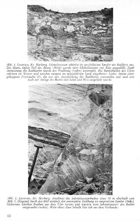 Abb. 1. Leversen, Kr. Harburg. Schmelzwasser schürfte im geschichteten Sander ein Bachbett aus. ... Abb. 2. Leversen, Kr. Harburg. Anschnitt des Schmelzwasserbaches etwa 70 m oberhalb von Abb. 1. ...