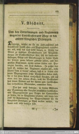 V. Abschnitt. Von den Verordnungen und Reglements wegen der Landstraßen und Wege in den andern königlichen Provinzien