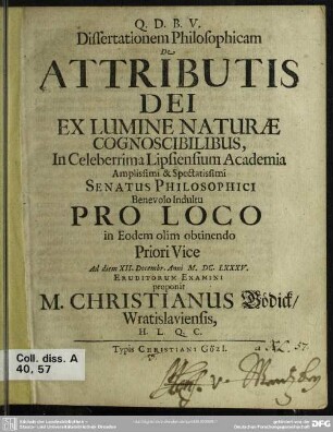 Dissertatio de attribus dei ex lumine naturae cognoscilibus