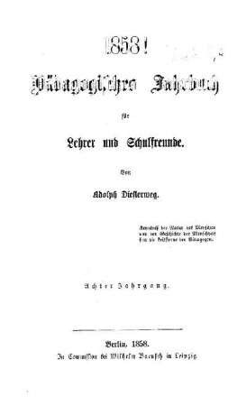 8: Pädagogisches Jahrbuch für Lehrer und Schulfreunde - 8.1858