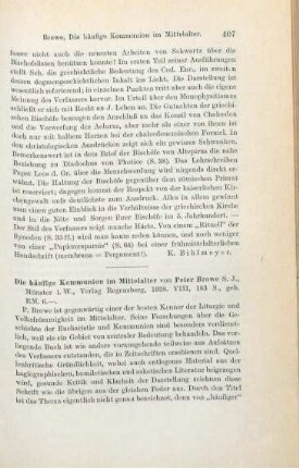 407-409 [Rezension] Browe, Peter, Die häufige Kommunion im Mittelalter