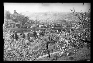 Blick von Kreuzwertheim nach Wertheim (überwiegend Packhofstraße) und Burg (schöne Spiegelung der Gebäude im Main!)