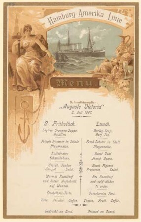 Menükarte : Menü, Schnelldampfer "Auguste Victoria"
