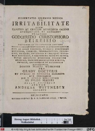 Dissertatio Solemnis Medica De Irritabilitate