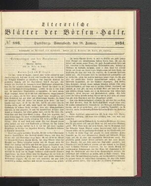 No 886. Hamburg. Sonnabend, den 18. Januar. 1834.: No. 886, Hamburg. Mittwoch, den 18. Januar. 1834.