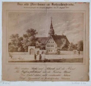 Pfarrhaus und Friedenskirche in Kötzschenbroda (Radebeul) vom Dorfanger von Norden gesehen, Gedenkblatt anlässlich des 200-jährigen Jubiläums des Waffenstillstandes, der den 30-jährigen Krieg für Sachsen beendete, Reproduktion