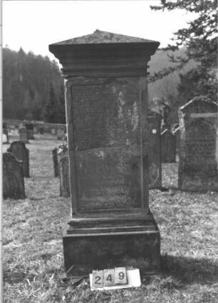 Grabstein 249 (Index: 100009221) Zustand: in der Mitte zerbrochen und zementiert, untere Hälfte und Rückseite star verwittert Maße HxBxT: 180x70x38 cm: Grabstein 249