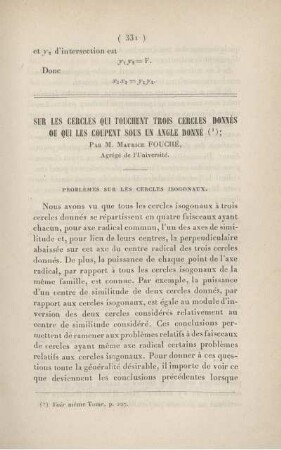 Sur les cercles qui touchent trois cercles données ou qui les coupent sous un angle donné.