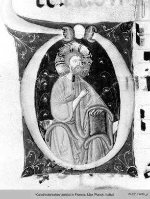 Antiphonar : Textseite mit vierzeiligen Neumen und historisierter Initiale (D): Thronender Christus mit Segensgestus