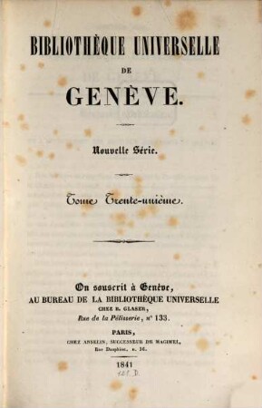 Bibliothèque universelle de Genève. 31/32. 1841
