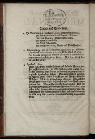 Einhalt und Eintheilung.