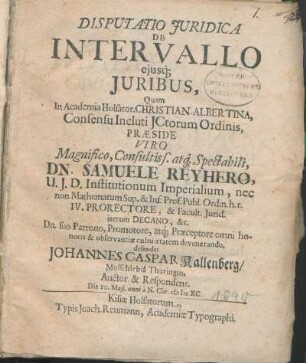 Disputatio Juridica De Intervallo ejusq[ue] Juribus
