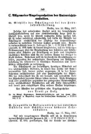 Zeugnisse in Religionslehre bei jüdischen Schülern und Schülerinnen höherer Lehranstalten : [C. Allgemeine Angelegenheiten der Unterrichtsanstalten]