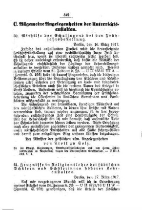 Zeugnisse in Religionslehre bei jüdischen Schülern und Schülerinnen höherer Lehranstalten : [C. Allgemeine Angelegenheiten der Unterrichtsanstalten]