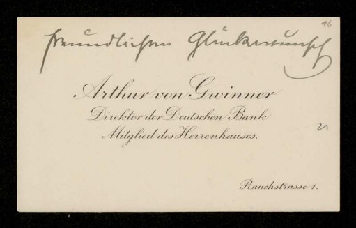 Visitenkarte von Arthur von Gwinner für Otto von Gierke, Berlin, August 1910