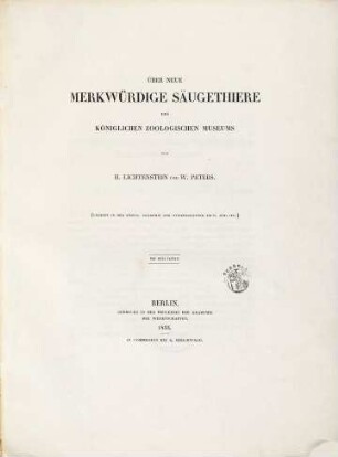 Über neue merkwürdige Säugethiere des Königlichen Zoologischen Museums